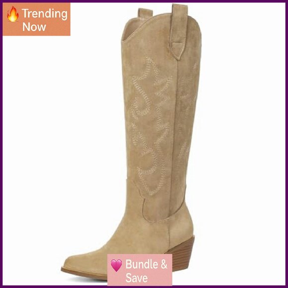 Women's Knee High Cowboy Boots Embroidered Pull-On Chunky Heel - Picture 2 of 6
